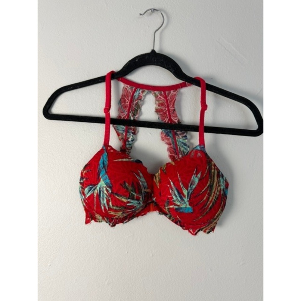 Victorias Secret PINK Tropical Floral Lace Racerback Push-Up Bra Red 32DD